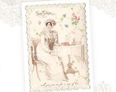 Greeting Card, Jane Austen, Regency High Tea, Vintage Style, Tea Time, Vintage Lace Border, Birthday Card, Blue Birds, Original Artwork