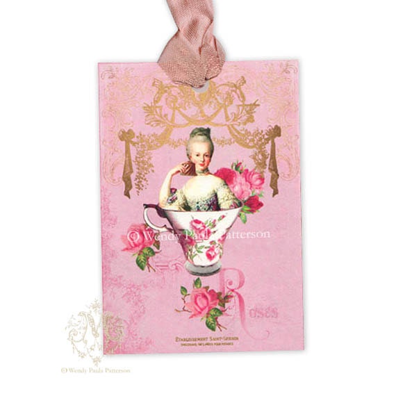 Marie Antoinette gift tags, Teacup, High Tea, Pink Roses, French Vintage Style, Wedding Favor