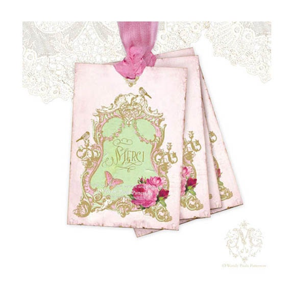 French Gift Tags, Pink Roses, Shabby Chic, Merci, Thank you, Butterfly, Ornate frame, Cupid, Pink, Gift wrap