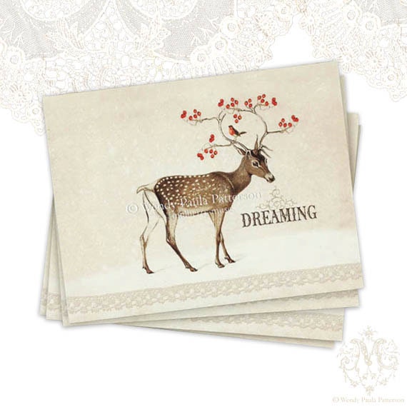 Deer Postcards,Woodland, Dreaming, red berries, robin, Vintage style, Christmas