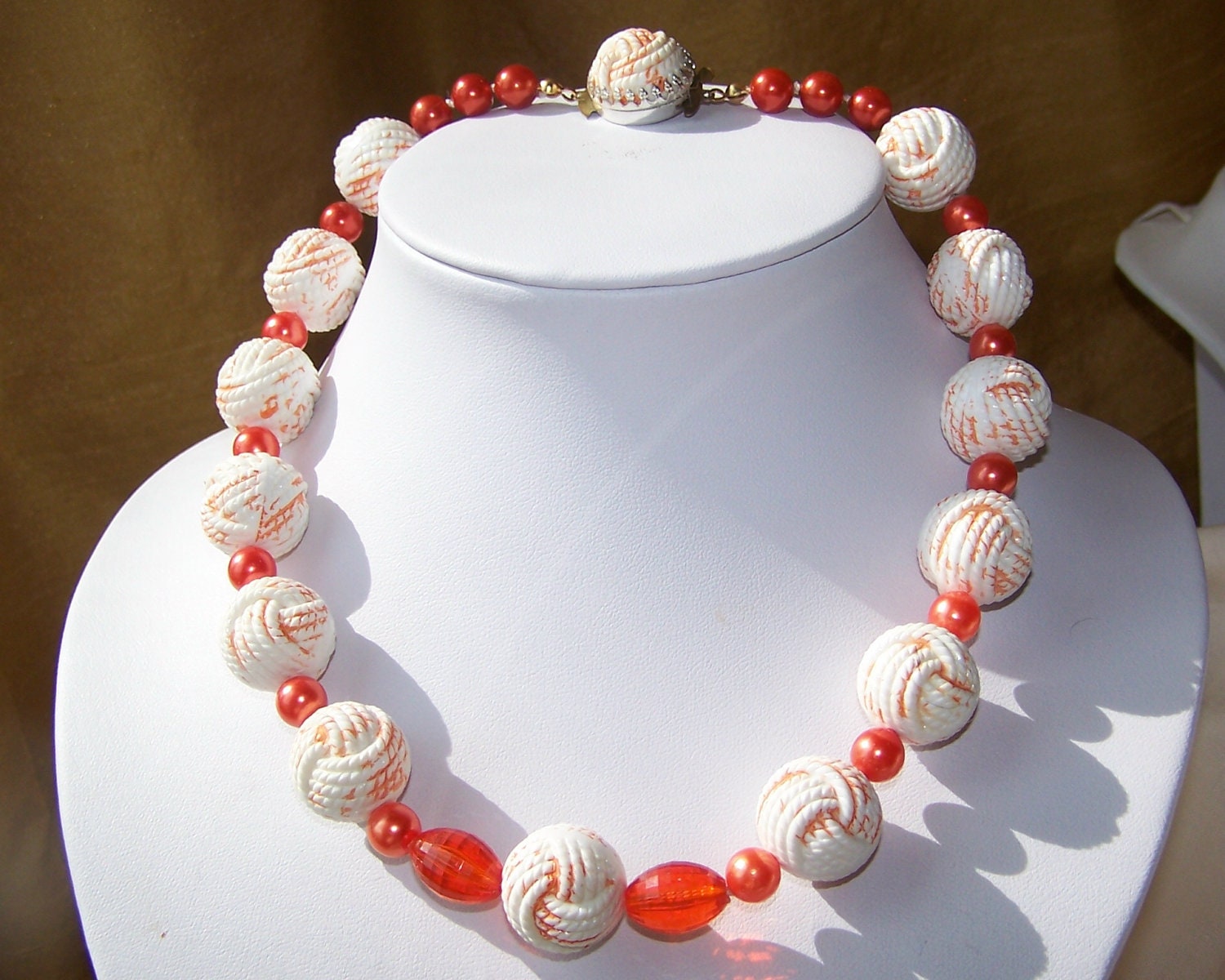 Necklace Set, Artisan, Orange and Creme, Bakelite, Lucite and Faux Pearls,