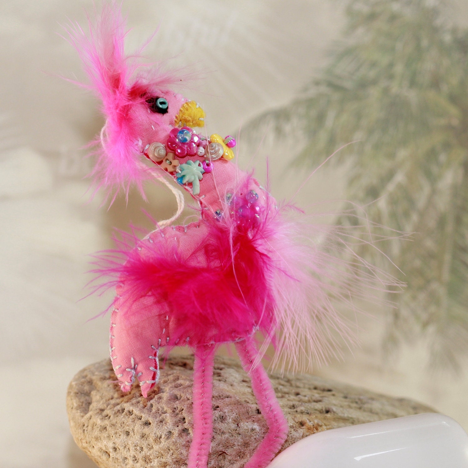 Hot Pink Finely Feathered Friend - Beaded and Embellished Flamingo - Quilty Critter - Exotic Ornament