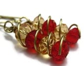Brass EarringsSpiral Wire Wrapped Ruby Red Golden Yellow Handmade Earrings