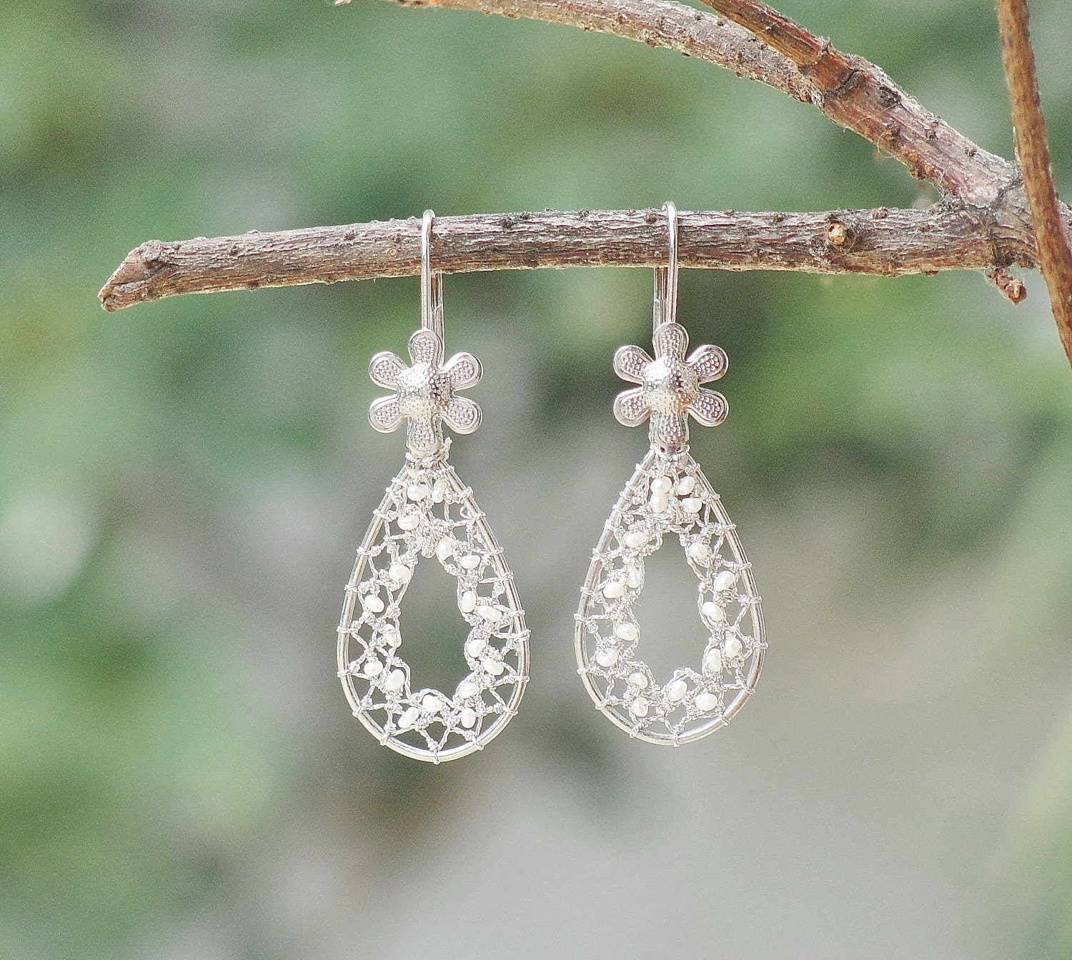 Drops of Dreams - Needle Lace Earrings with Tiny Sweet Water Pearls - StaroftheEast