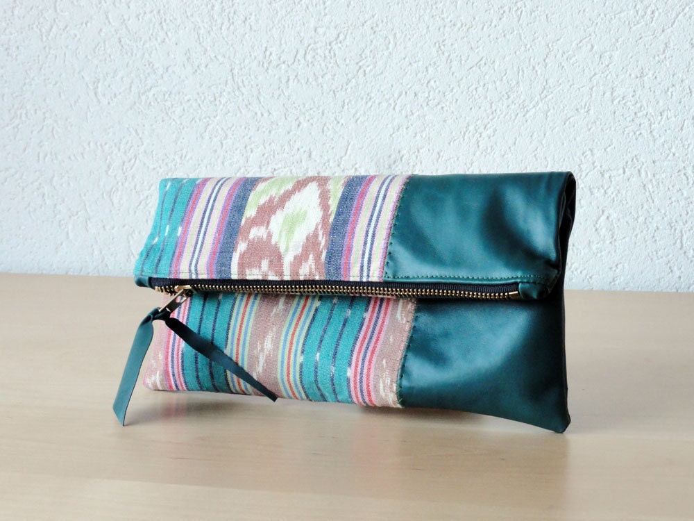 Leather Clutch in Teal Italian Leather and Handwoven Ikat Fabric in Turquoise Colour - Indie Patchwork Series
