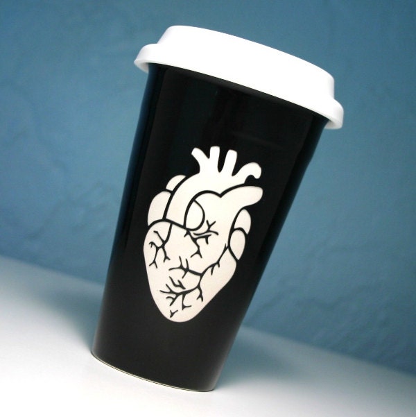 Anatomical Heart Black Ceramic Travel Mug - insulated coffee cup w/ BPA-free lid