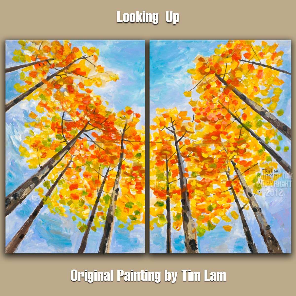 Original oil painting Looking Up Forest art, huge mural abstract painting Autumn landscape painting 2 panels 48x36