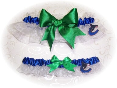 Handmade Wedding Garter Set with VANCOUVER CANUCKS  fabric Keepsake and Toss Bridal  wre