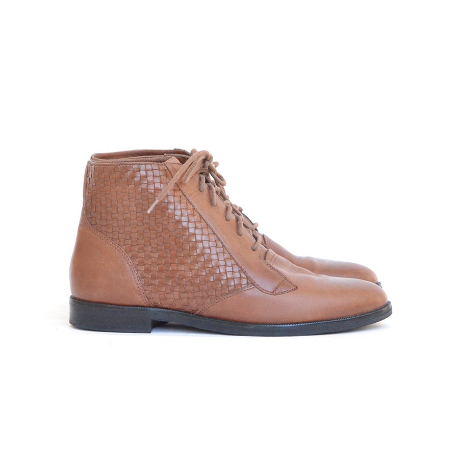 size 7 brown woven leather lace up boots