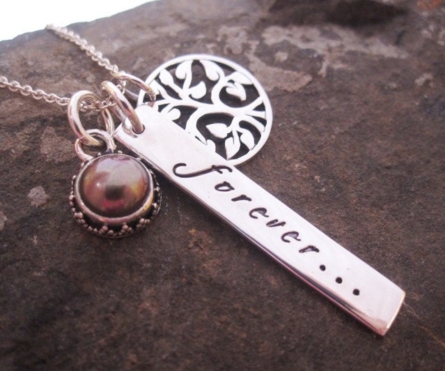 Hand stamped necklace Family is Forever Tree and Bezel set pearl