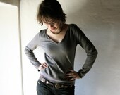 Long sleeve wool sweater, grey top - v neck pullover blouse felted wool
