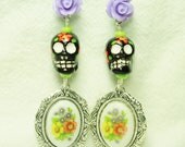 Sugar Skull, Vintage Floral Cameo And Purple Rose Earrings
