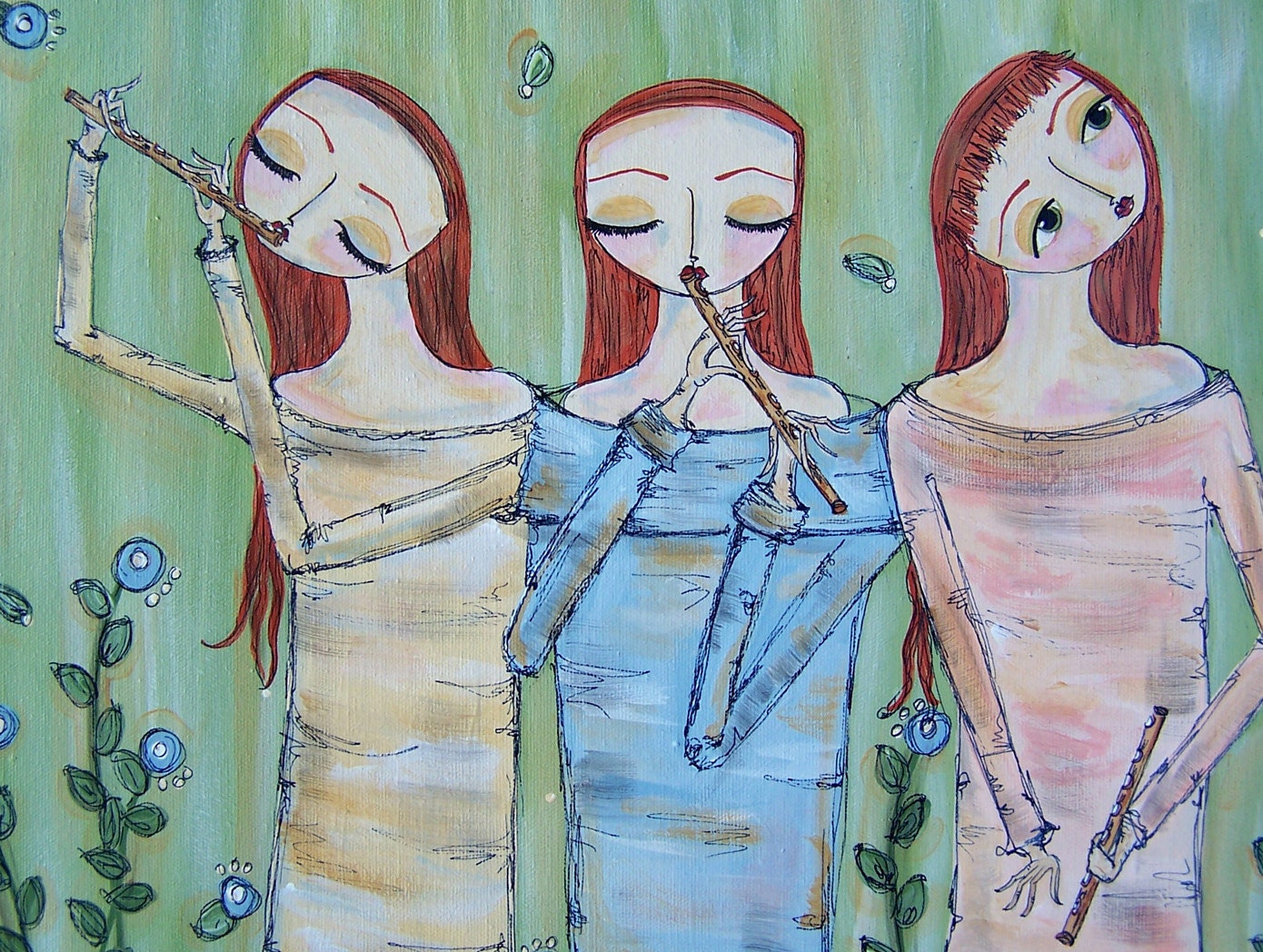 Art original acrylic painting music flute flowers red head girl band