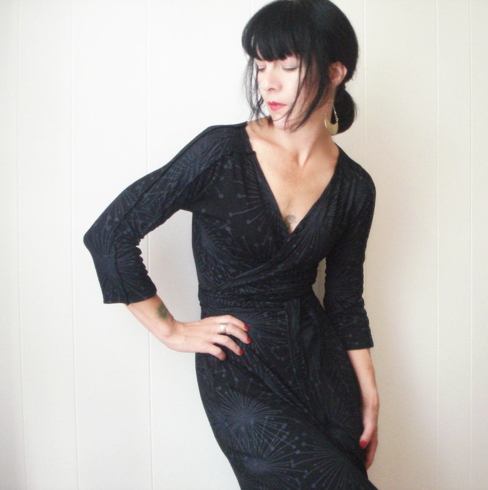 Somewhere In the Night - Made to Order - iheartfink Handmade Hand Printed Womens Artistic Black on Black Wrap Dress