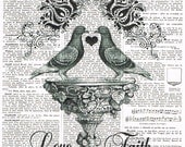 Love and Faith Doves,Antique French Book Page Print art,All Occasion Gift /bird, buy 3 get 1 FREE, wall hanging, deco.fathers day.mom