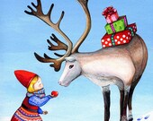 Reindeer and Little Girl - Scandinavian Arctic Deer Snowy Landscape Painting - Home Decor by Annya Kai