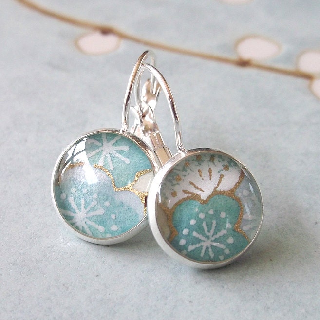 Earrings Japanese Silver Chiyogami Sakura Leverback. - Fresh Bloom