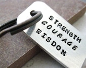 Strength Courage Wisdom Key Chain, sobriety date on back, antique copper split ring, makes a great gift