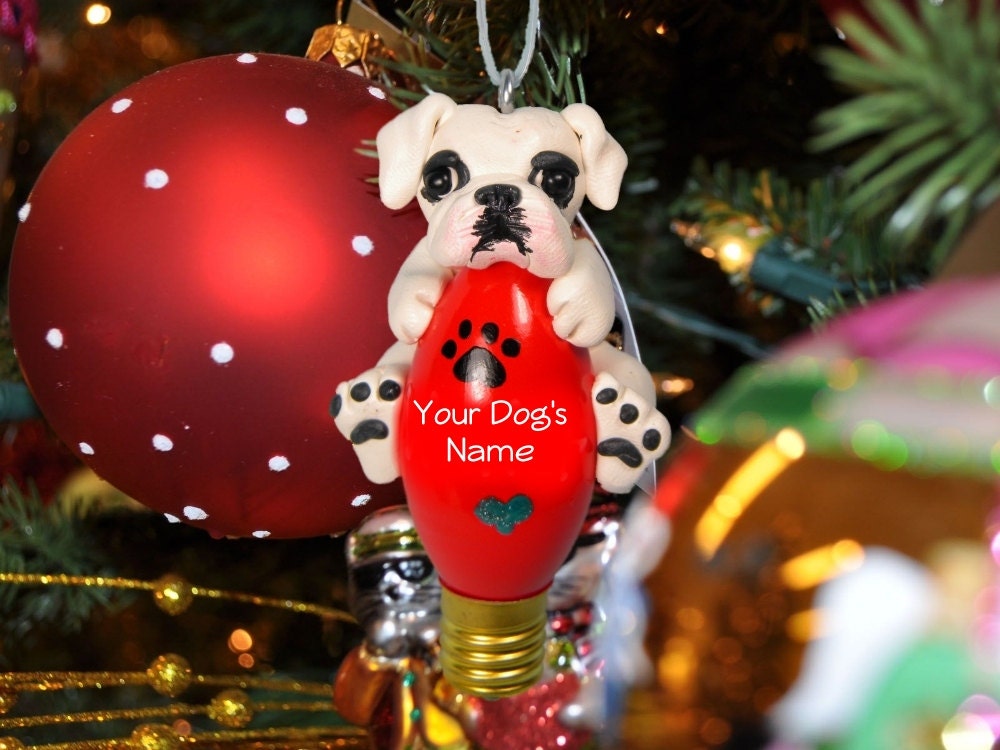 White Boxer Dog natural ears Christmas Light Bulb Ornament Sally's ...