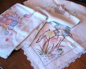 Vintage Tablecloths Floral Embroidery Crochet Water Lily, Daisy, Basket Linen Cotton