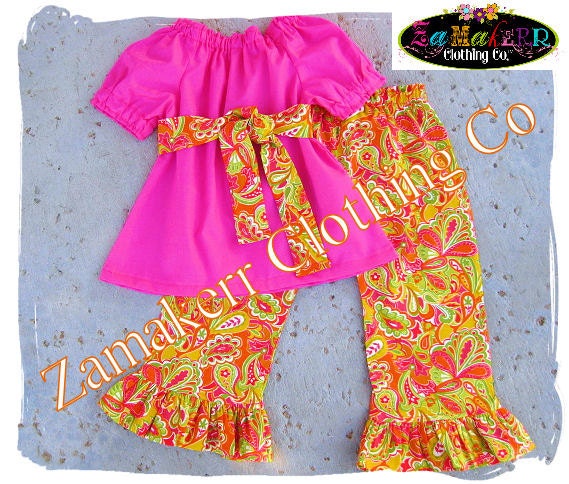 Custom Boutique Clothing Hot Pink Peasant Dress Top Retro Floral Ruffled Pant Outfit Set 3 6 9 12 18 24 month 2T 2 3T 3 4T 4 5T 5 6 7 8