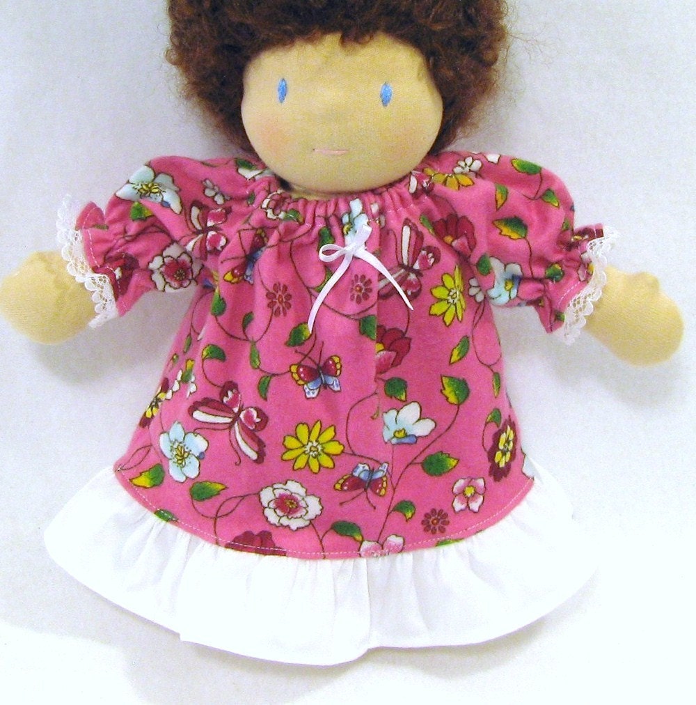 10 inch Waldorf doll's flannel nightgown - pink floral with white ruffle