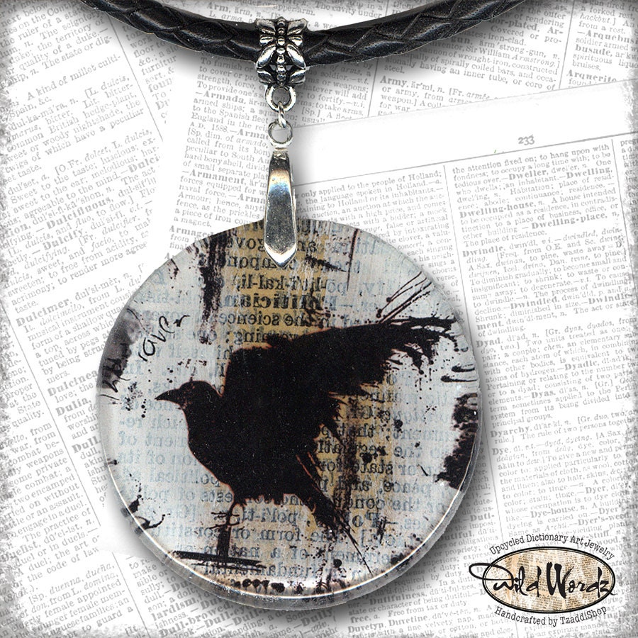 Raven Handmade Glass Art Necklace from Upcycled Dictionary page book art - WilD WorDz - Nevermore