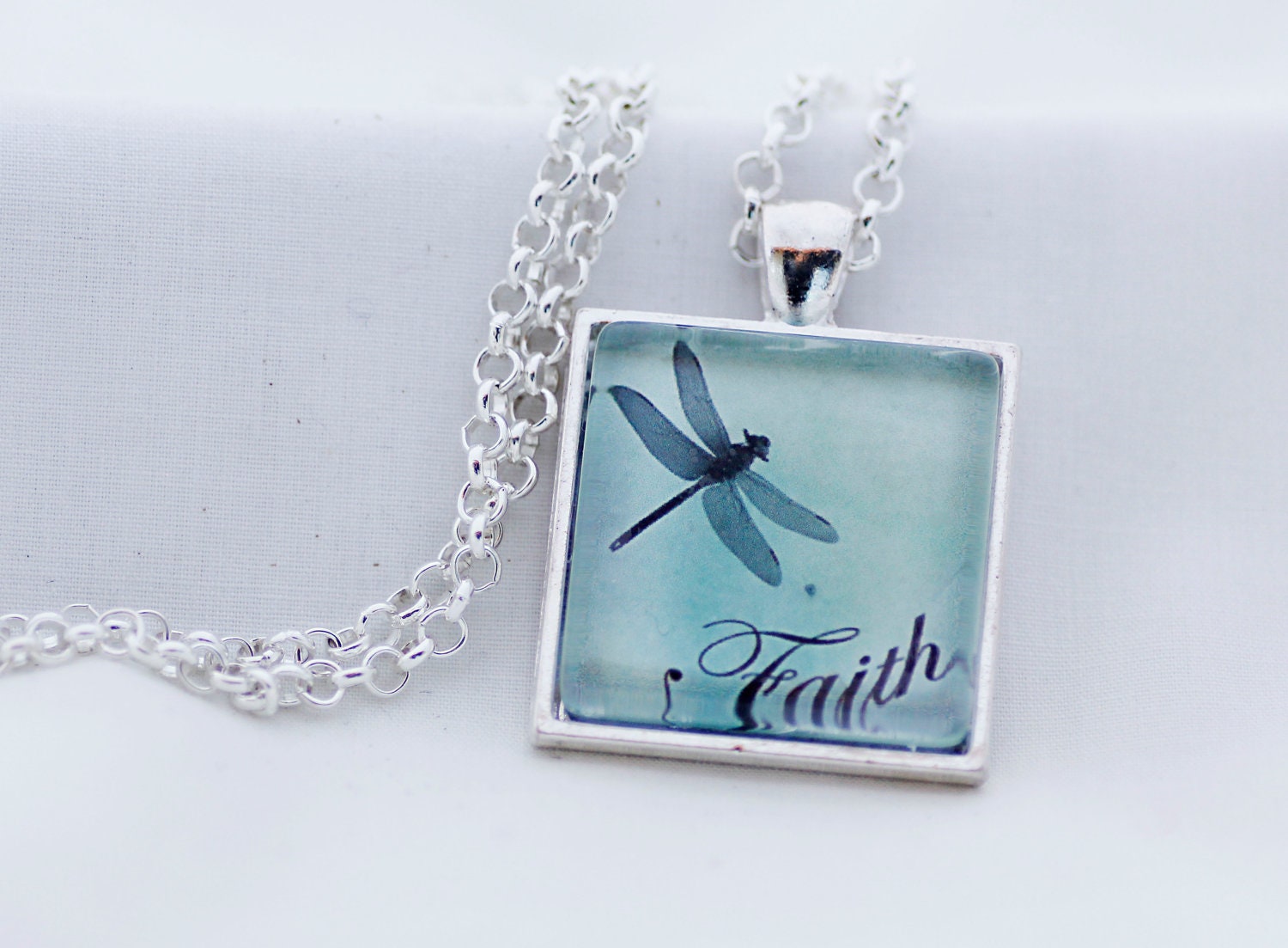 Pale Green Dragonfly Faith Necklace, Silver Pendant, Digital Art Picture Jewelry