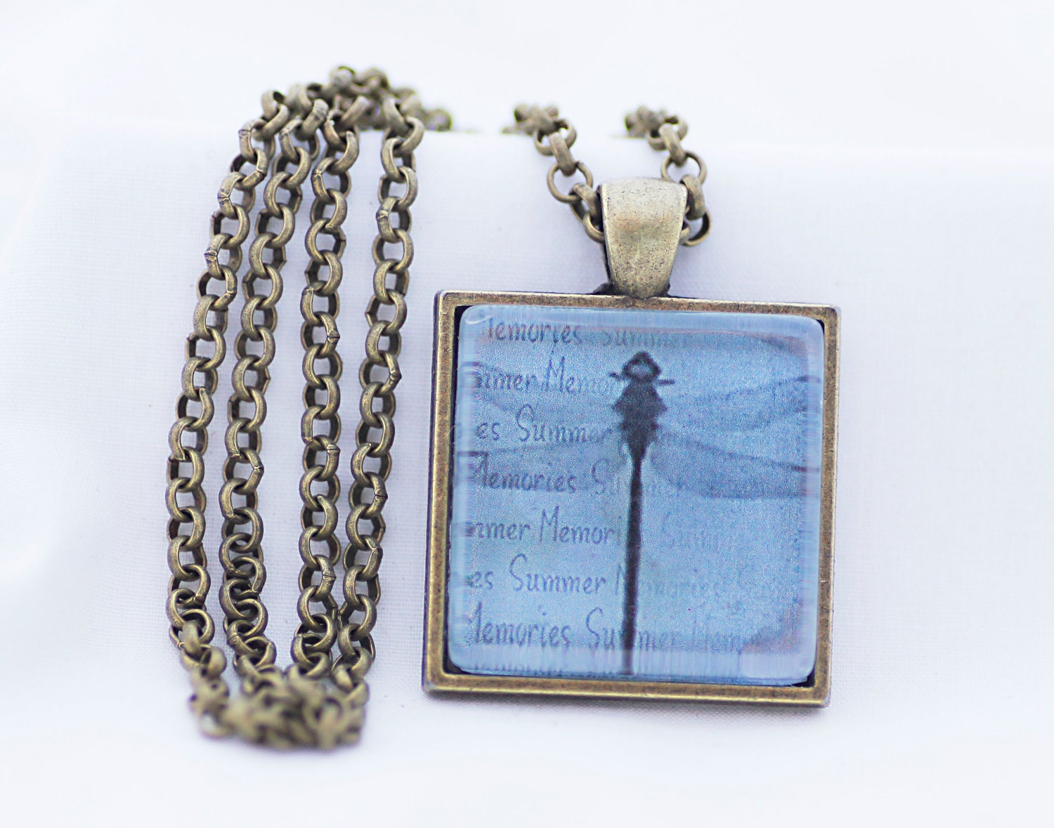 Pale Blue Dragonfly Necklace, Vintage Bronze Pendant, Digital Art Picture Jewelry