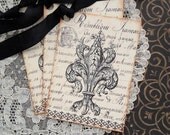 French Tags - Fleur de Lis Tags - French Fleur de Lis Tags - Charcoal, Cream - Set of 3