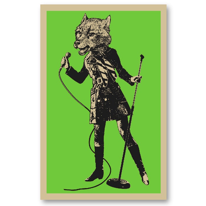 Retro 60s style Wolf Singer from animal Rock Band 11x17 silkscreen Art Print screenprinted by hand. Great for musicians or rock fans.