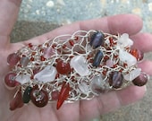 Wire Crochet Jewelry, Cuff Bracelets, Chunky Bracelet - Gemstone Cuff Bracelet - Rose Quartz Bracelet with Assorted Glass - SHOWY