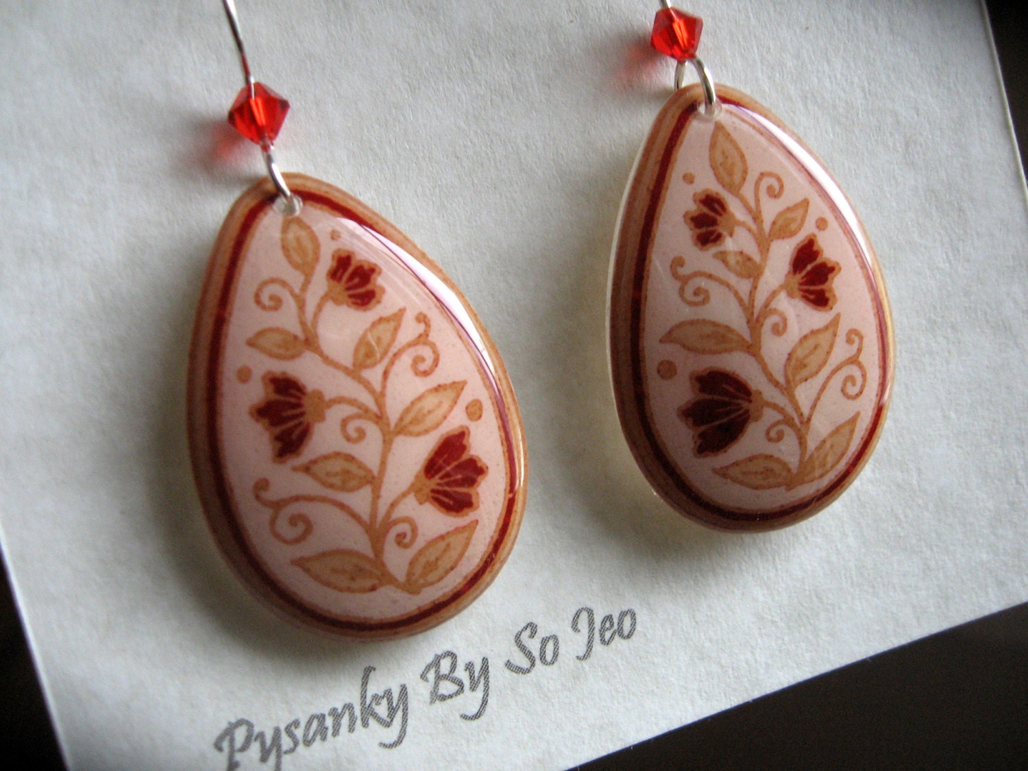 ECO Spring Vines Etched Brown Eggshell  Pysanky Batik  Teardrop Dangle Earrings