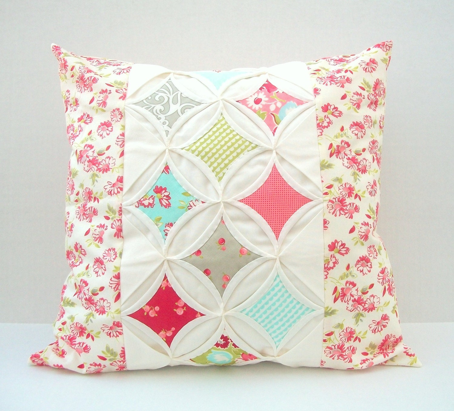 Decorative Pillow Cover Cathedral Window Cottage Chic Red Aqua Ruby 18 Inch