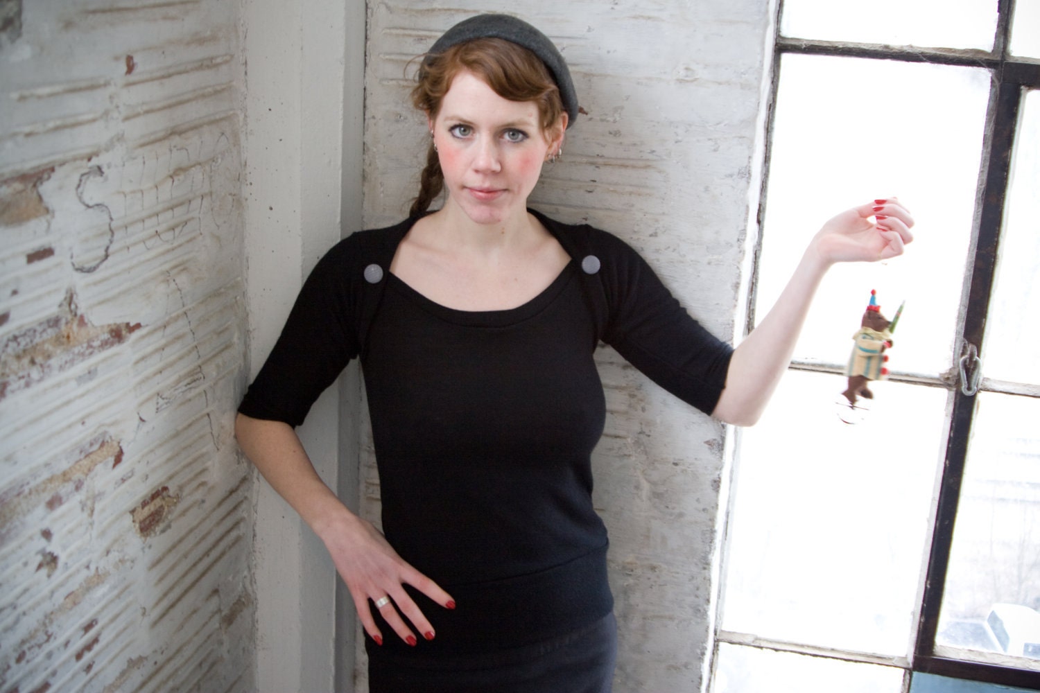 Classic Black wool knit Sweater-- the buttoned darling.  half sleeve sweater, solid black, spring and fall knit fashion.
