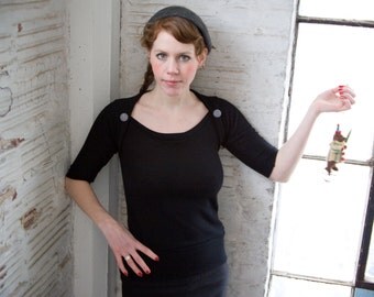Classic Black wool knit Sweater-- the buttoned darling.  half sleeve sweater, solid black, spring and fall knit fashion.