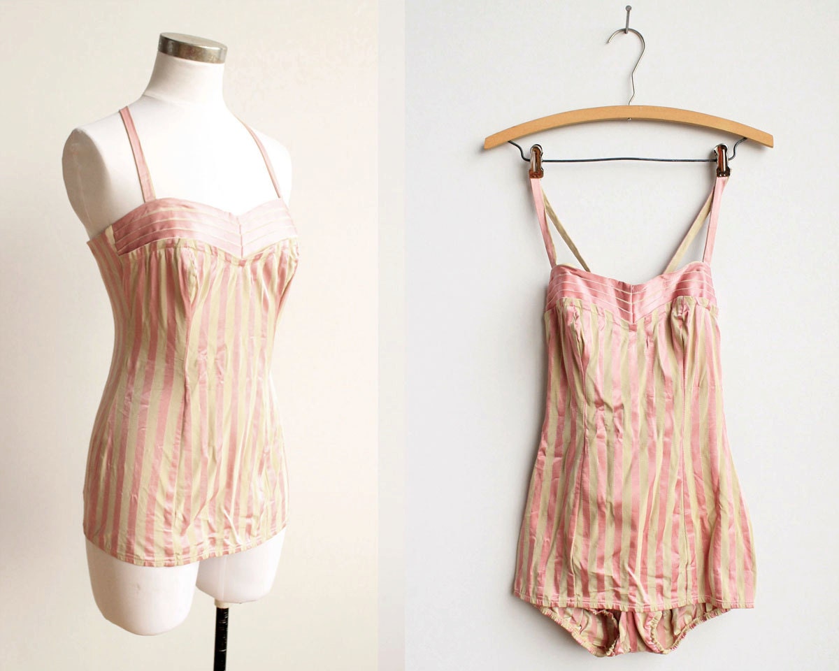Vintage 1950s Catalina Pink Stripe Swimsuit / 50s One Piece Bathing Suit / Medium