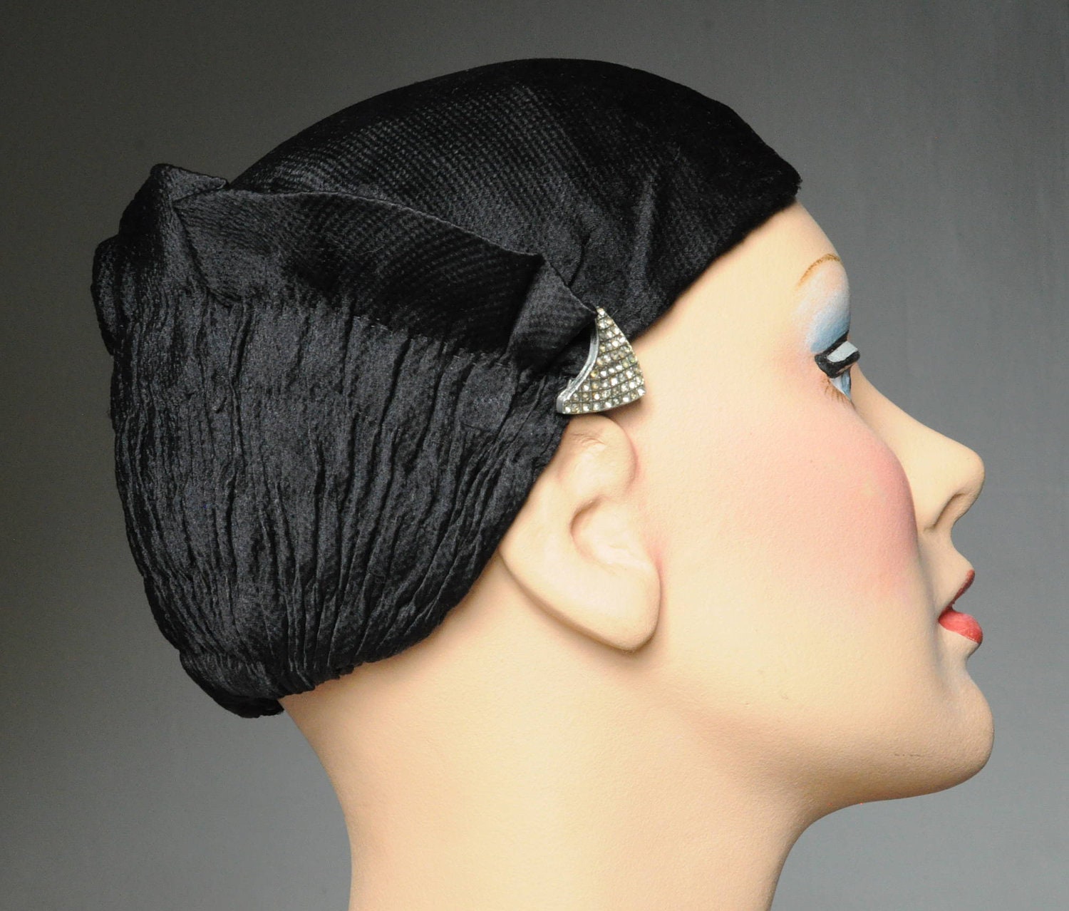 1920s black satin hat with rhinestone ornaments