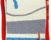 8.31.2012 small art quilt, contemporary, abstract, blue, white, red, grey, cream, bright blue, crimson