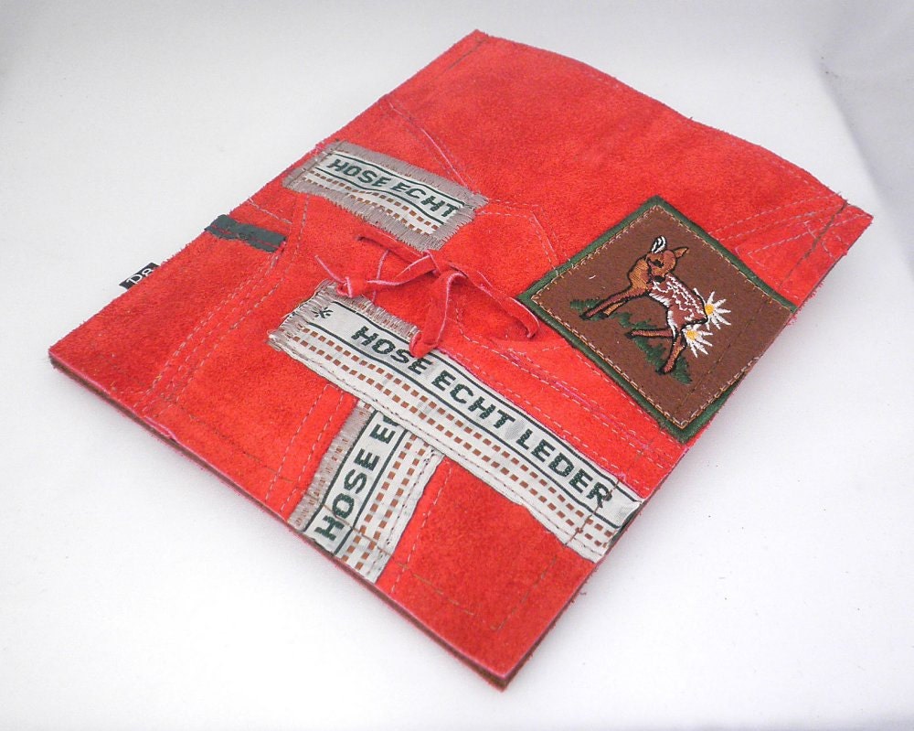 Red Kindle Case - Kindle Cover - Kindle Sleeve - fits many Small Tablets - Bavarian Lederhosen - Recycled Leather Cover