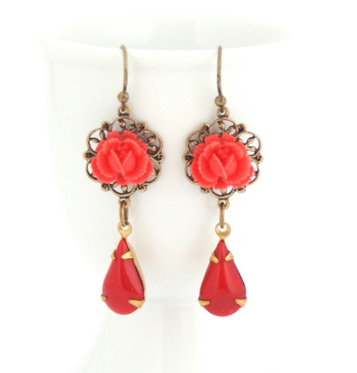 Red Flower Earrings - Red Vintage Jewels - Vintage Style Earrings, Drop Earrings, Memorial Day Sale