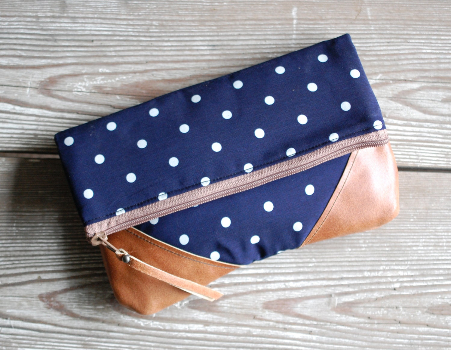 Polka dot fabric and Leather Fold-over Clutch