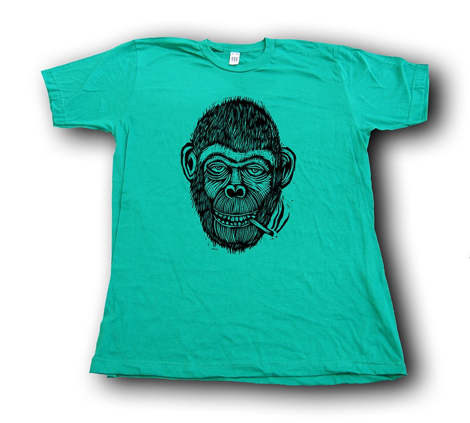 Smoking Chimp  Woodblock Printed Tee Shirt with hand printed gift box