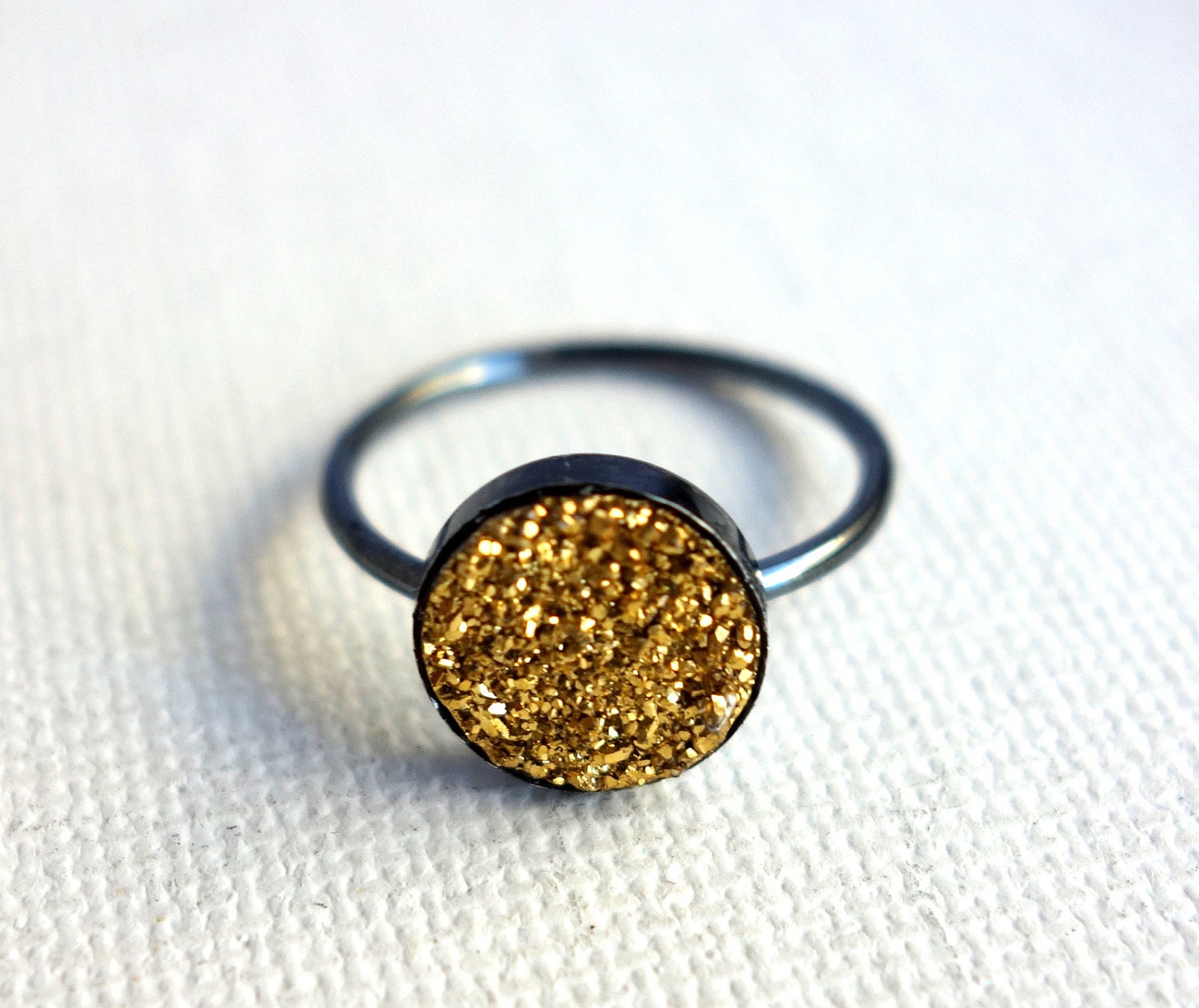 Handmade Golden Drusy in Oxidized Sterling Silver Ring
