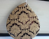 Large Black and Gold Shell Teardrop Etched Damask Pendant necklace Free U S A Shipping
