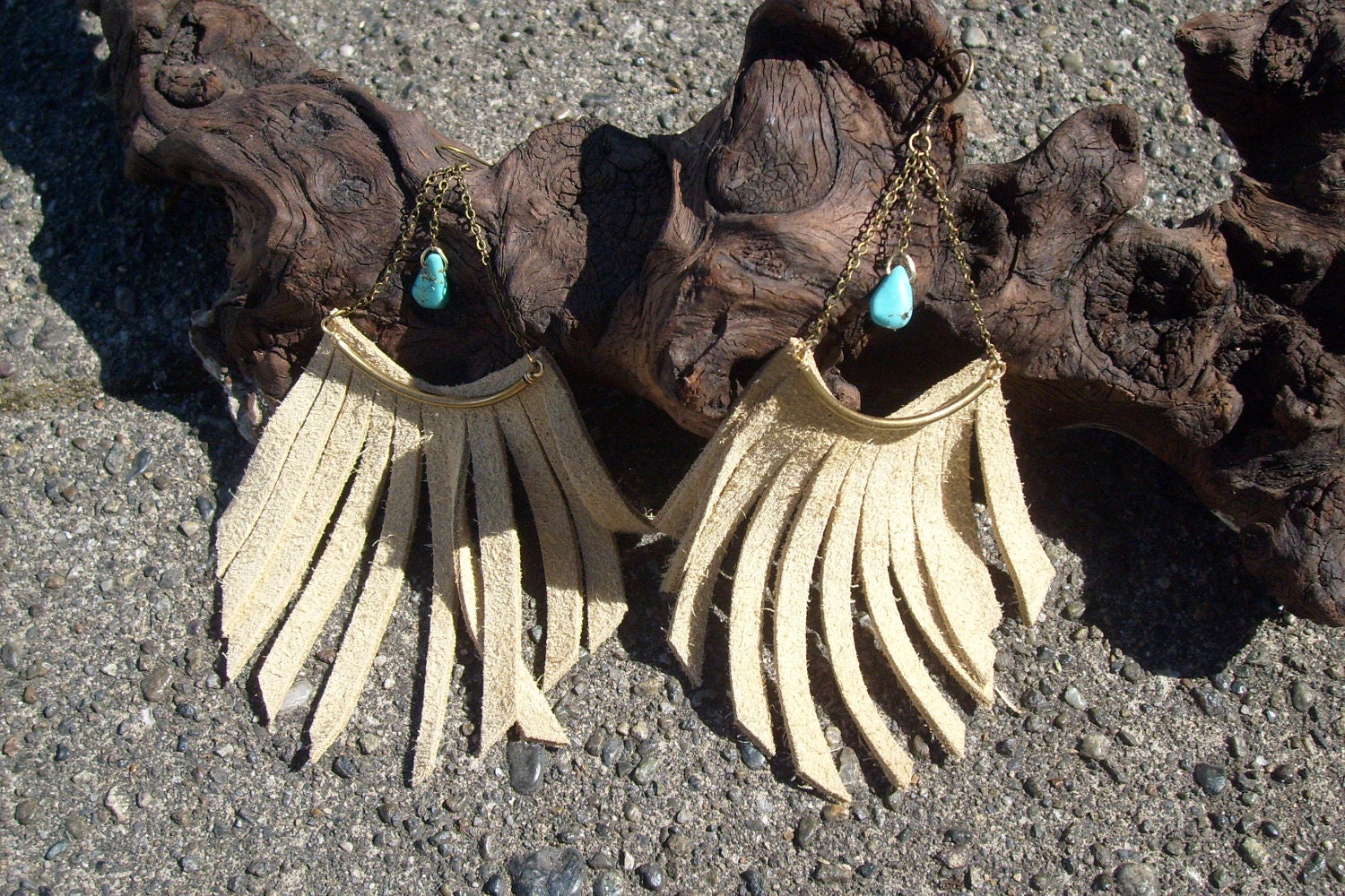 a rocky path earrings, camel fringed suede with turquoise