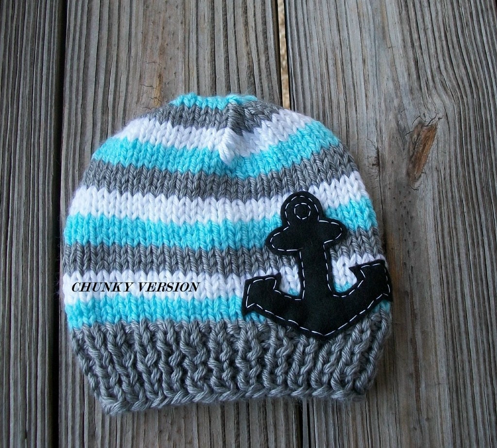 Knit - Nautical ANCHOR Applique Baby Beanie- Hat- Crochet baby hat-  Anchor Hat- newborn photography