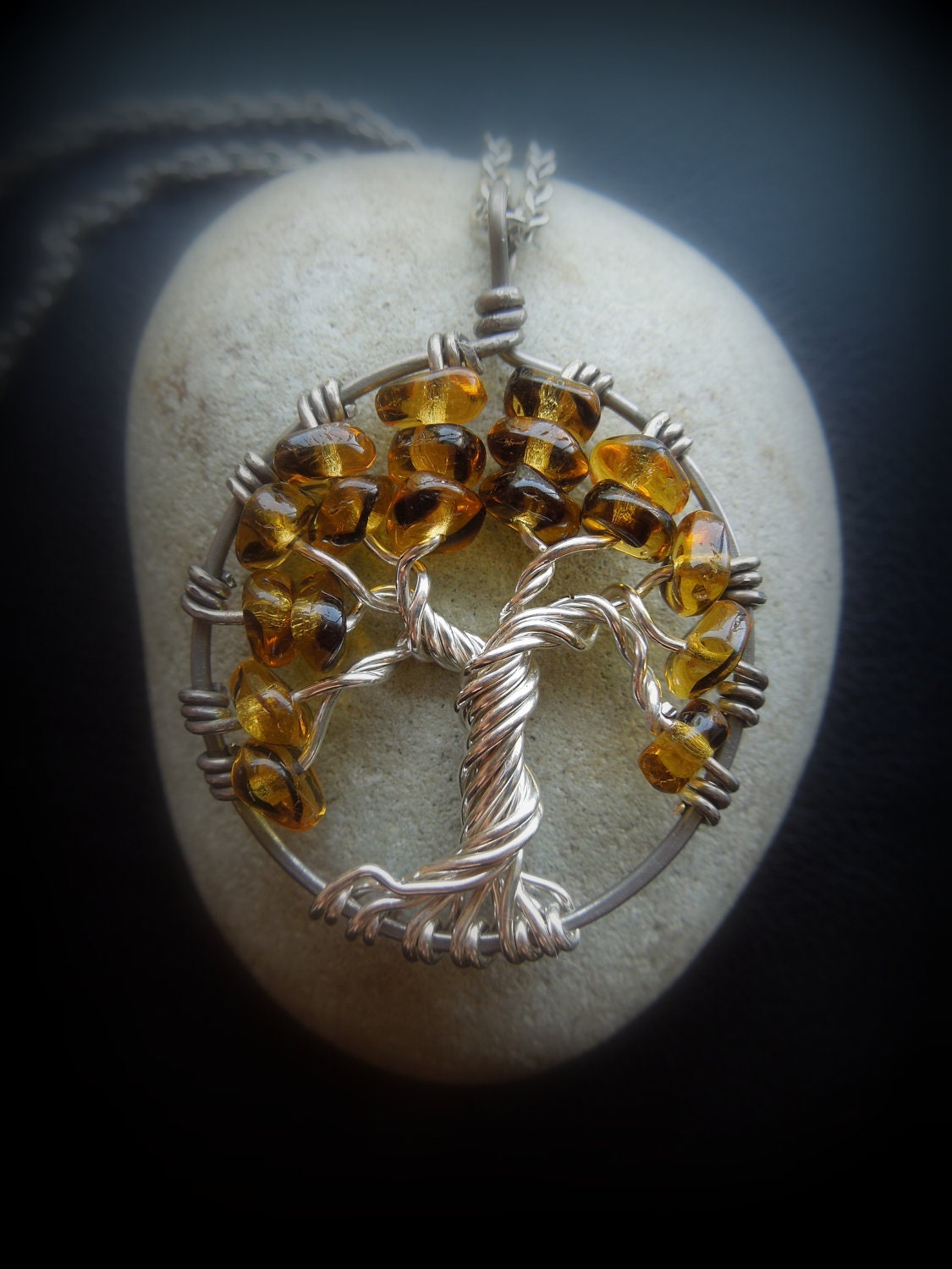 Amber Brown Beaded Tree of Life Necklace- Sterling Silver