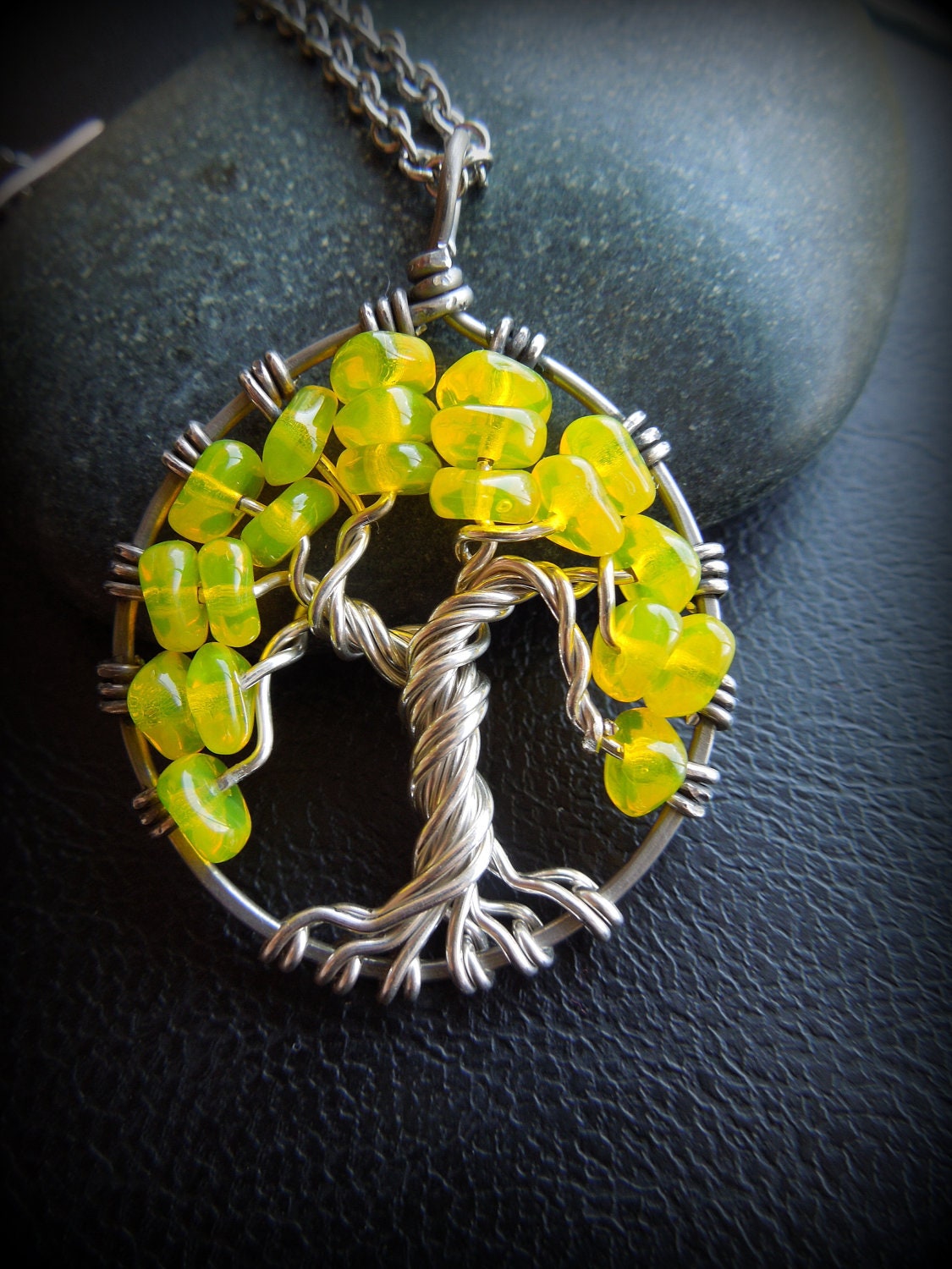 Sale-Yellow Autumn Beaded Tree Necklace-Sterling Silver