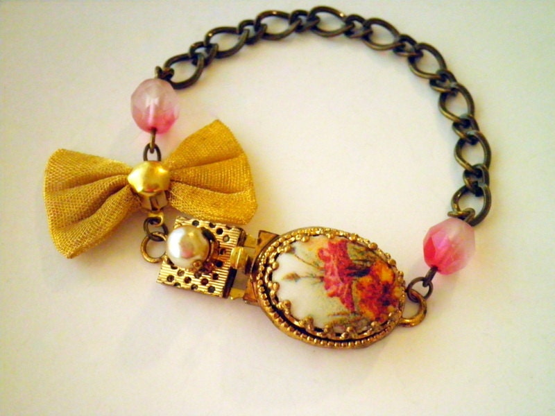 Pink Flower Arm Candy - Repurposed Vintage Cabochon Clasp Gold Mesh Bow and Glass Bead Chain Bracelet